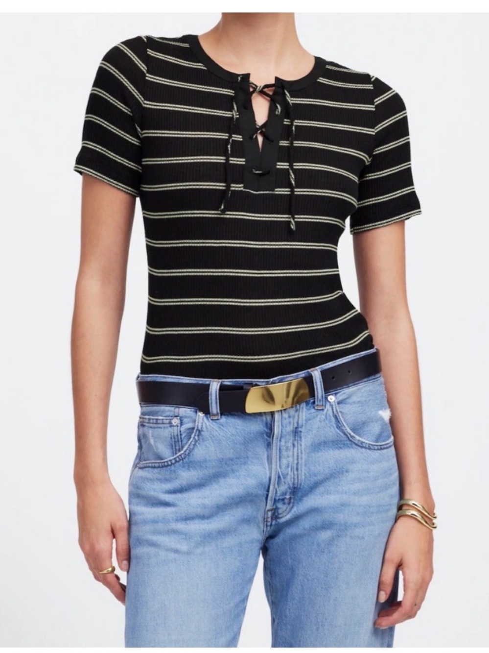 Madewell Black Striped Lace-Up Short Sleeve Tee
